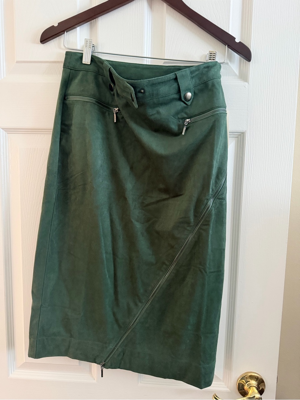 Anthropologie Dark Green Suede Midi Skirt with Diagonal Zip
